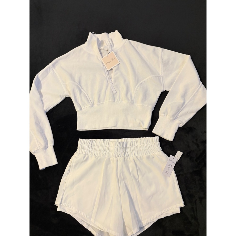 Hippie Rose White Two Piece Set Cropped Quarter Zip Sweatshirt and Shorts Small